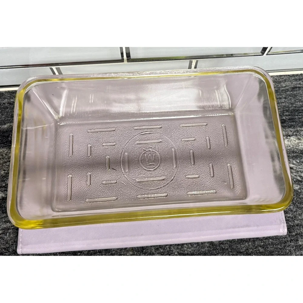 Vintage Westinghouse Glass Refrigerator Dish with Lid Clear Yellow Trim Logo